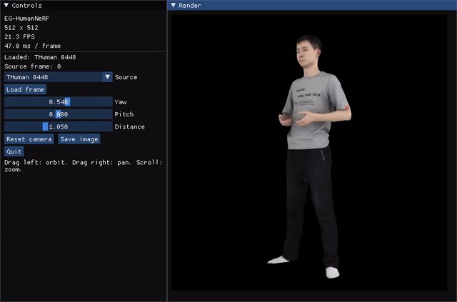 Interactive novel-view rendering of a reconstructed person in EG-HumanNeRF.